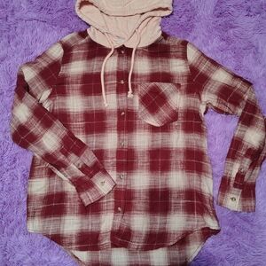 Time and Tru Pink and Red Plaid Hooded Shirt